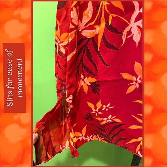 EXC VINTAGE ASHRO MAXI SKRT RED/ORANGE/BROWN FERN PRINT LINED - Picture 6 of 14